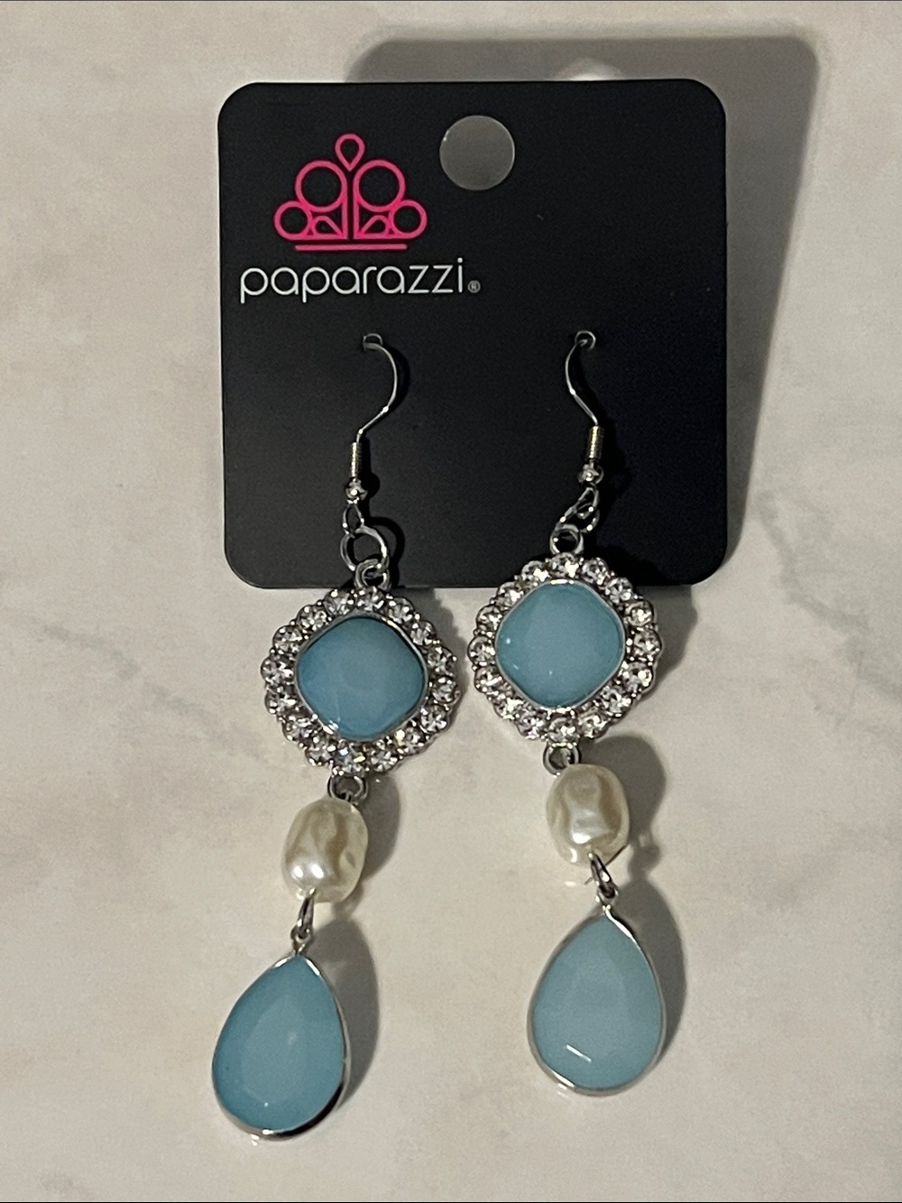 paparazzi Silver-Tone Aquamarine Blue Drop Earrings with Pearl Accent
